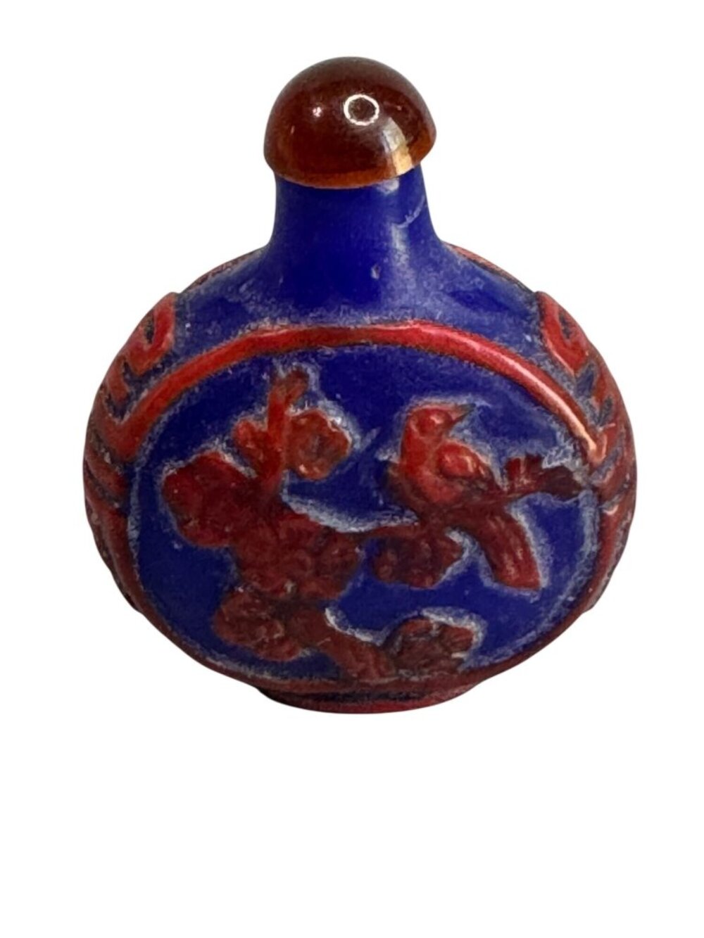 Chinese Snuff Bottle Blue Red Porcelain Relief Bird Floral 2.5" - Picture 5 of 10